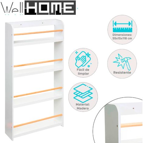 Scaffale da libreria classico a 4 piani bianco, in legno, 118 x 55 cm