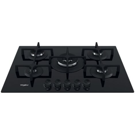Whirlpool – Table de cuisson à gaz 73 cm 5 feux – Brûleurs à haut rendement – Commandes en haut – Finition noire élégante