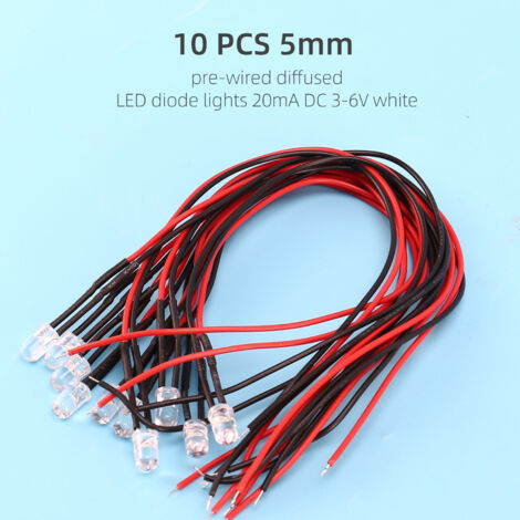 Sourcingmap - Paquete de 10 diodos LED difusos precableados de 5 mm, luz blanca, 20 mA, 3-6 V CC