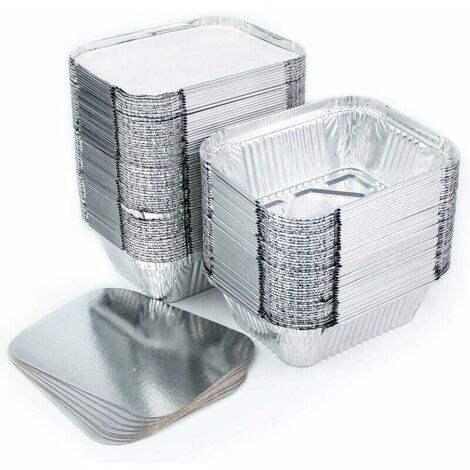 Packung mit 100 Einweg-Tabletts aus Aluminium mit Deckel zum Transportieren von Lebensmitteln – Einfrieren – Kochen (260 ml) – Silber