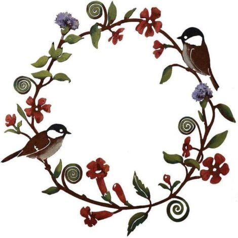 Vogel-Wanddeko, 30 cm, Blumenkranz aus Metall in Form einer Meisenblume, hängende Wanddekoration aus Metall für Haus, Garten und Außenbereich