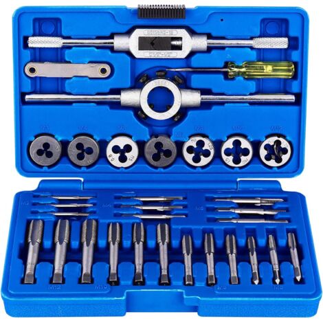32-teiliges Set aus Gewindebohrern und Schneideisen aus Wolframlegierungsstahl, metrisches Gewinde, Gewindeschneidwerkzeug-Set, Kegelbohrer, Gewindebohrer und -schneider mit Koffer