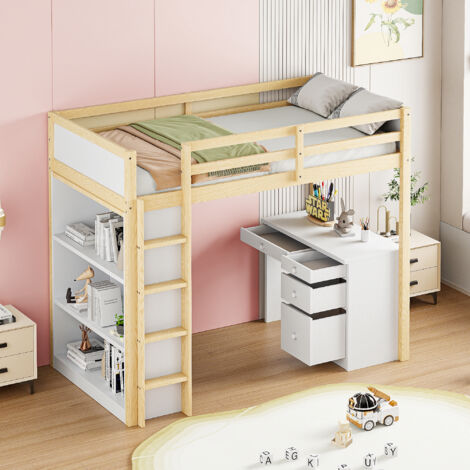 Cama Alta 90x200cm con Almacenamiento y Escritorio Blanco + Natural (Sin Colchón)