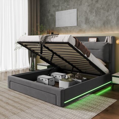 Cama doble 160x200 cm - Cajones 2 en 1 - Almacenaje de cama - LED - Somier - Terciopelo gris (sin colchón) (1/5)