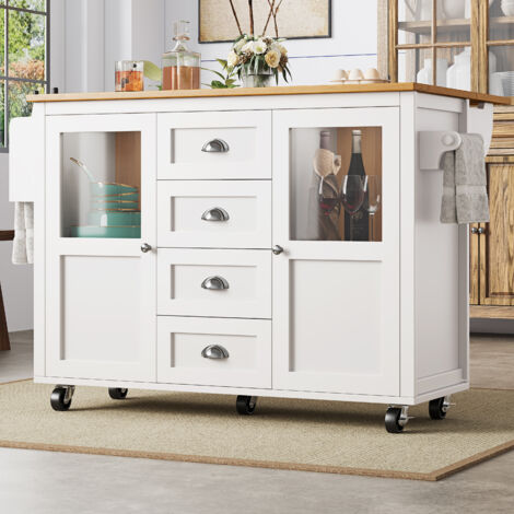 Isla de cocina móvil 120x73(45)x 93 cm puertas dobles cuatro cajones carro extensible con ruedas especiero mesa plegable blanca