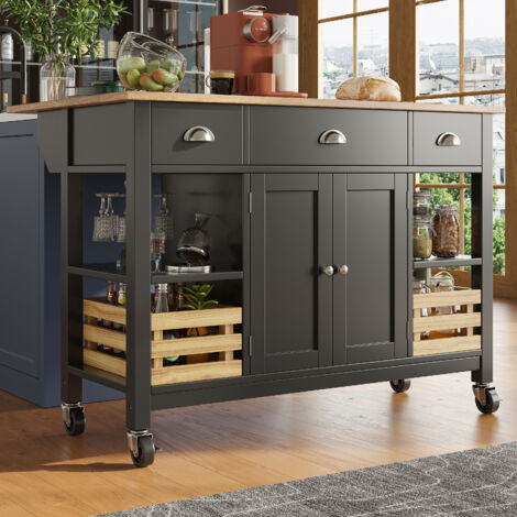 Isla de cocina móvil 120 x 45 (73) x 90 cm armario comed carro multifunción madera cesta pino negro