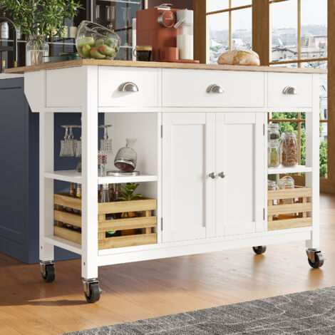 Isla de cocina móvil 120 x 45 (73) x 90 cm armario comed carro multifunción madera cesta pino blanco