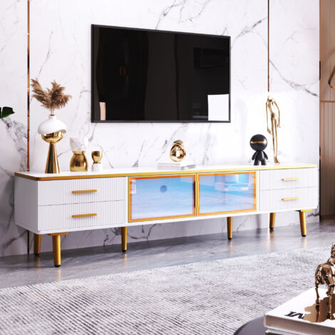 Mueble TV 170x37x47.5 cm con cuatro cajones texturizados con tiradores dorados y dos puertas de cristal templado blanco