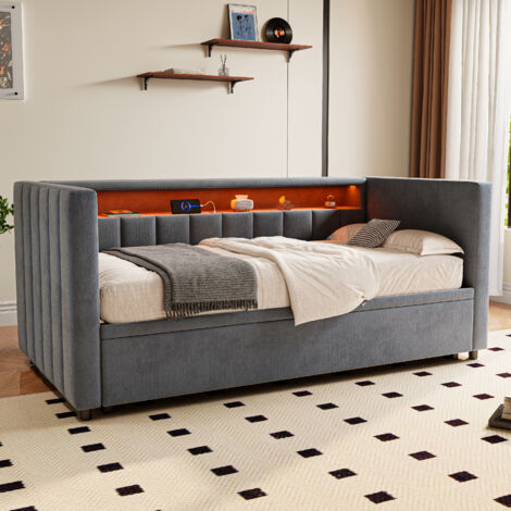 Cama nido 90x190 cm puerto USB Tipo-C iluminación LED tejido de terciopelo gris(Sin Colchón)