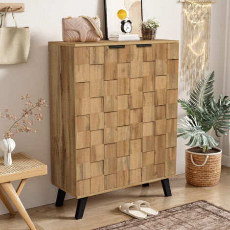 Zapatero diseño geométrico puertas texturizadas rápido acceso tablero de partículas 80.5x35x109.5 cm color natural