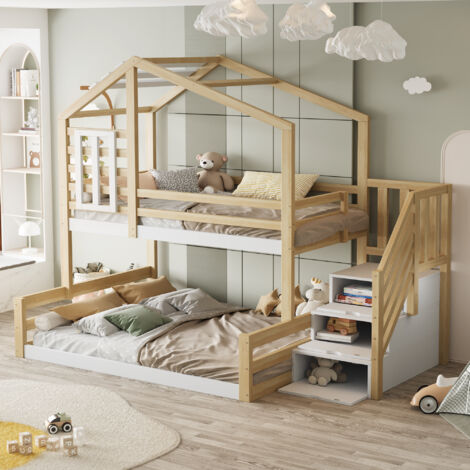 Litera 140x200cm Diseño casa con ventana Escalera con almacenamiento Protección perimetral madera color natural (Sin colchón)