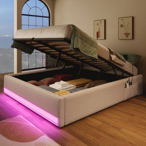Cama almacenaje 140x200 cm con LED multicolor USB tipo C bolsillos laterales de lino beige (Sin colchón) (1/5)