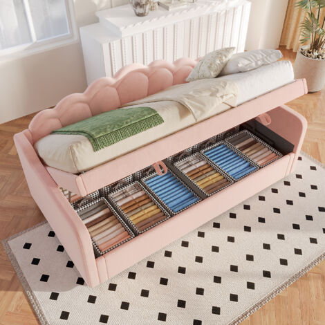 Sofá cama 90x200cm luz LED con gran almacenamiento elevador hidráulico terciopelo color rosa (Sin colchón)