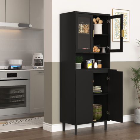 Armario alto vitrina puertas de vidrio templado estantes regulables MDF lacado color negro