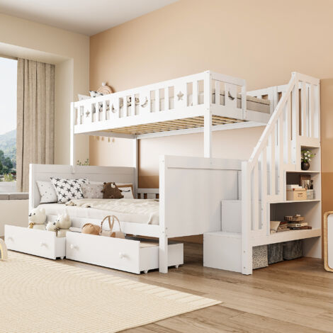 Litera 140x200cm con escalera con almacenaje y cajones perfecta para niños madera color blanco (Sin colchón)