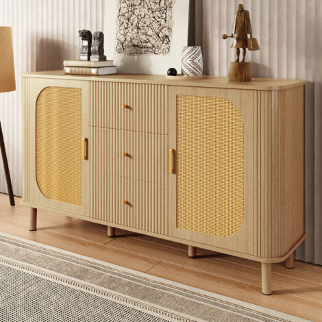Aparador 140x40x80cm Diseño curvo elegante puertas de ratán cajones ondulados MDF color natural