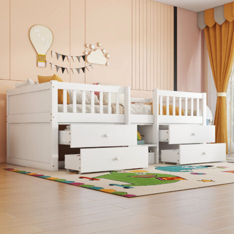 Cama alta 90x200cm 4 cajones barandilla escalera madera de pino y MDF color blanco (Sin colchón)