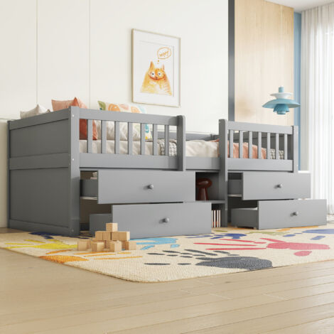 Cama infantil 90x200cm con 4 cajones almacenamiento pino y MDF color gris (Sin colchón)