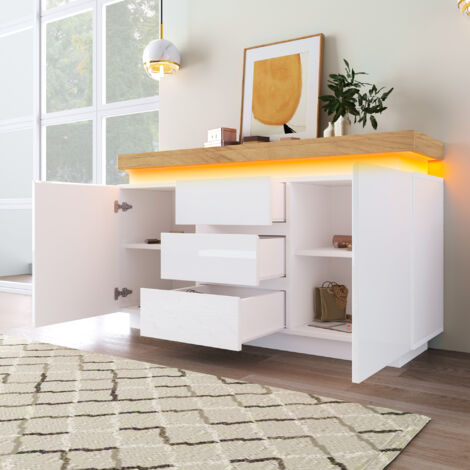 Aparador 140x39x81cm Iluminación LED controlable, madera, diseño alto brillo color blanco (1/5)