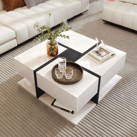 Mesa de centro diseño cuadrado patrón de líneas almacenamiento discreto tablero de partículas 78x78x36cm color blanco brillo (1/5)