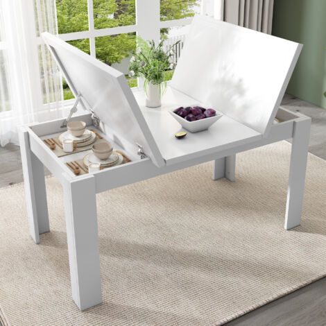Mesa de comedor 120x70cm, tablero abatible con almacenamiento oculto MDF Blanco (1/5)
