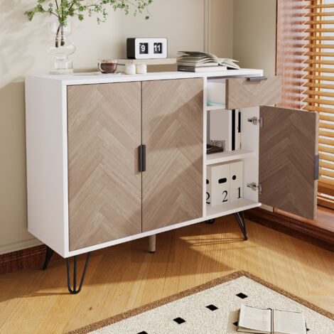 Aparador con cajón y puertas, diseño moderno, MDF y tablero de partículas 90x30x71.5cm blanco y madera