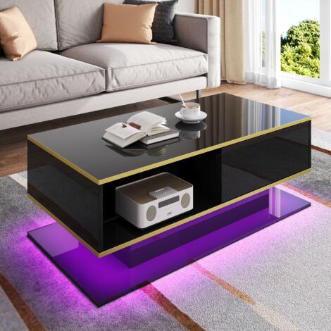 Mesa de centro elegante alto brillo 3 cajones almacenaje madera 100x50x40 cm color negro y dorado (1/5)