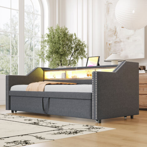 Cama infantil 90/180x190 cm con compartimentos de almacenaje luz LED y carga USB color gris oscuro (con colchón)