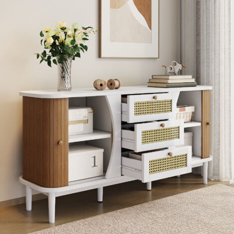 Aparador con puertas de madera cajones de ratán y estantes ajustables 140.5x40x76 cm color blanco