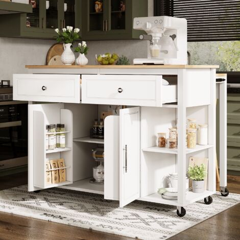 Isla de cocina 120x81.5x92cm multifuncional MDF y metal 7 ruedas blanco dos cajones amplios