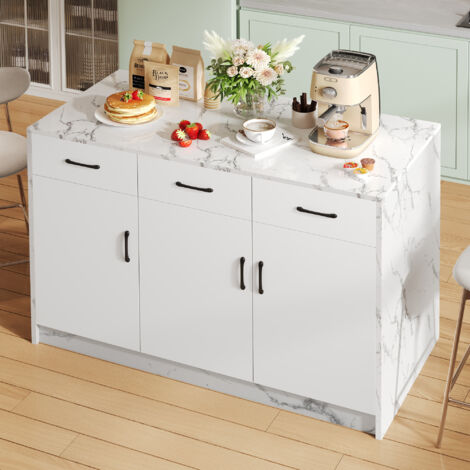 Isla de cocina 3 cajones silenciosos 3 puertas MDF efecto mármol 120x60x90.5cm blanco