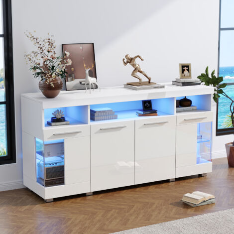 Aparador con luces led y puertas de cristal templado madera mdf 140 x 40 x 70 cm blanco (1/5)