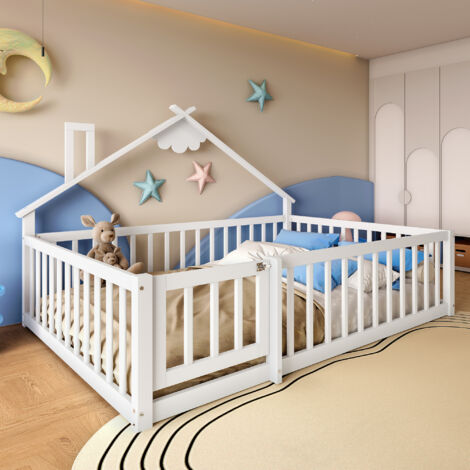 Cama individual con diseño casita cama infantil madera 140x190 cm blanco (Sin colchón)