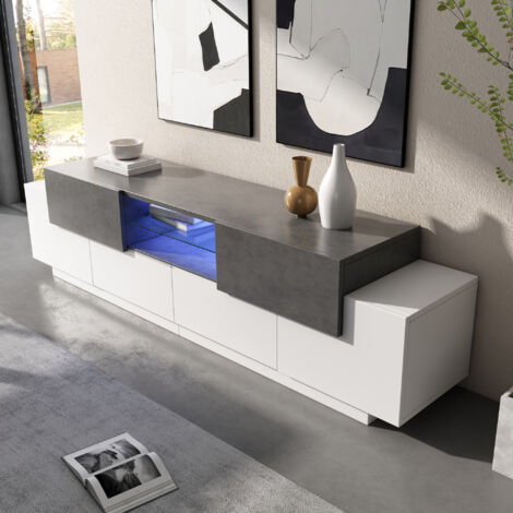 Mueble TV 180x40x45 cm moderno con iluminación led y estantes de cristal madera blanco y gris