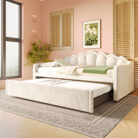 Cama nido 90x200 cm con LED cabecero ondulado terciopelo y MDF beige (Sin colchón)