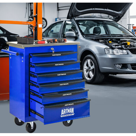 Carro de herramientas metálico con 6 cajones y ruedas ideal para garajes talleres y talleres mecánicos color negro y azul