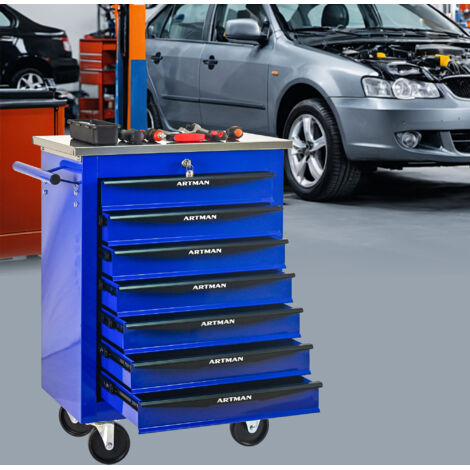 Carro de herramientas metálico con 7 cajones y ruedas ideal para garajes talleres y talleres mecánicos color negro y azul