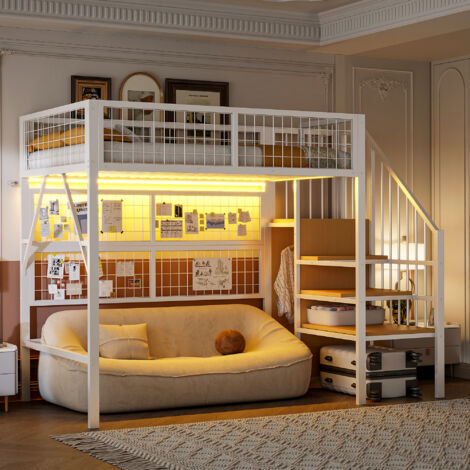 Cama alta 90x200 cm con estructura de metal, tira de luz LED, escalera con espacio de almacenaje, armario abierto, color blanco (Sin colchón)