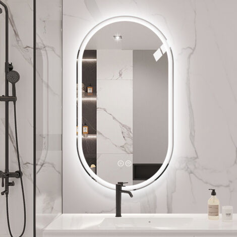 Espejo de baño de pared 60x100 cm forma ovalada, LED tricolor, pantalla táctil antivaho