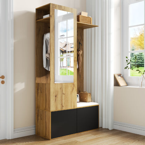 Muebles de entrada de 100 x 38 x 191 cm, que incluye 5 ganchos, un espejo, un zapatero y un banco de entrada color madera natural