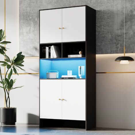 Vitrina 80x40x185 cm cuatro puertas, tres aperturas, estructura de madera, combinación de colores blanco y negro