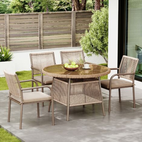 Conjunto de muebles de jardín: mesa redonda de ratán y cristal + 4 sillones, estructura de hierro, color marrón
