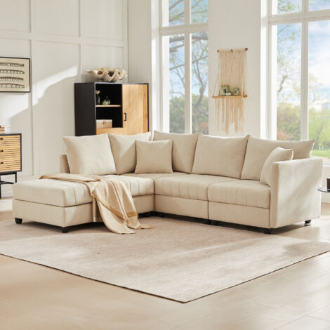 Sofá 5 plazas en forma de L diseño modular, con otomana convertible, adecuado para salón, color beige