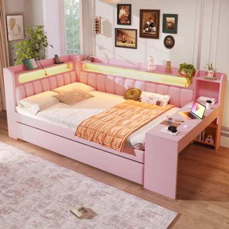 REDOM Cama nido 140x200 cm con puertos USB e iluminación LED, MDF y contrachapado tapizado rosa (sin colchón)