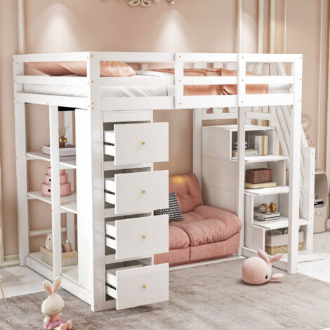REDOM Cama alta 140x200 cm con amplios cajones almacenaje madera blanco (Sin colchón)