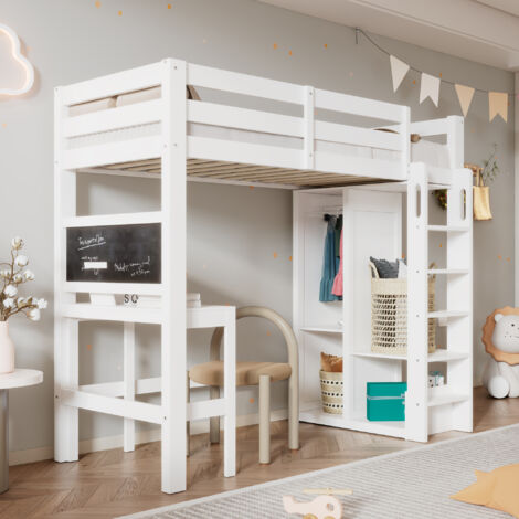 REDOM Cama alta 90x200 cm con escritorio, armario abierto y estanterías de madera blanco (Sin colchón)