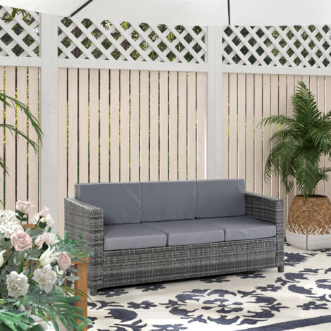 REDOM Sofá de jardín 3 plazas 185x70x80 cm con reposabrazos y cojines gruesos estructura de metal ratán gris (1/5)