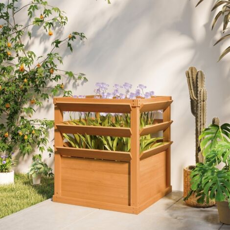 REDOM Jardinera elevada 65x65x73 cm, base abierta, enrejado de 3 alturas, madera maciza de abeto, marrón oscuro (1/5)
