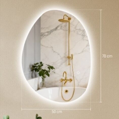 REDOM Espejo de baño asimétrico, iluminación LED ajustable, función antivaho, vidrio, plateado