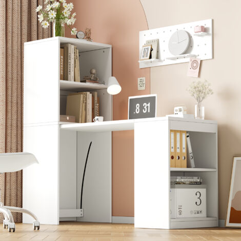 REDOM Escritorio plegable 130x51x137 cm, 2 en 1 con estantería, 4 compartimentos abiertos, con ruedas, tablero de partículas blanco